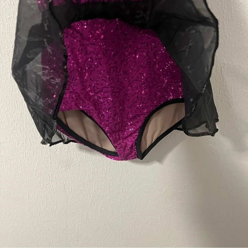 Weissman Girls Large LC (12-14) Plum & Black Dance Costume Sheer Sleeves #13799